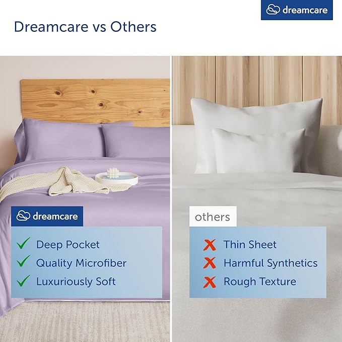 DREAMCARE Queen Size Sheets - Cooling Bed Sheets - 4pcs Set - up to 15" Deep Pocket Queen Sheet Set - Sheets Queen Size Bed - Soft & Long Lasting 100% Fine Microfiber with Side Pocket - Lavender