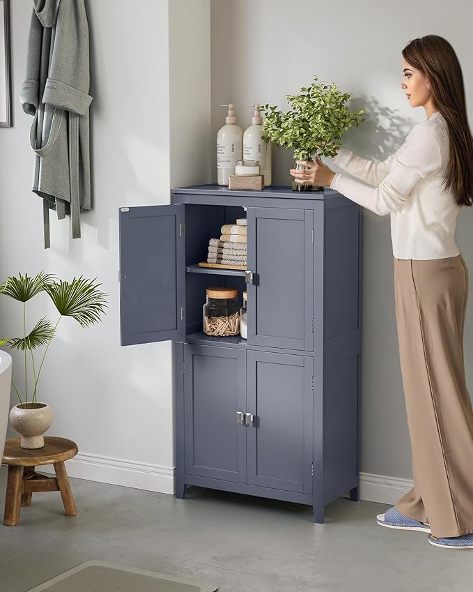 VASAGLE Floor Storage Cabinet, Freestanding Storage Unit with 4 Doors, Adjustable Shelves, 11.8 x 23.6 x 43.3 Inches, for Entryway, Bathroom, Slate Gray UBBC552G01