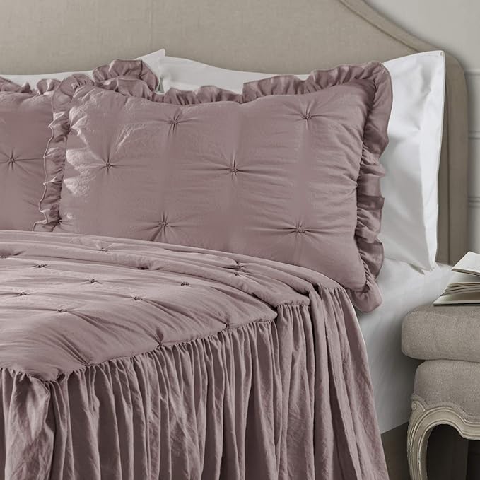Lush Decor Ravello Pintuck Ruffle Skirt Bedspread Set - Luxe 3 Piece Ruffled Bedding Set - Traditional Glam & Farmhouse Inspired Bedroom Decor - Queen, Woodrose