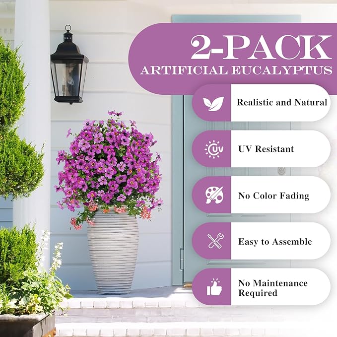 23" Set of 2 Artificial Boxwood Topiary Ball with Violet Flowers with Spikes for Outdoor, UV Resistant Faux Greenery Shrubs, Realistic Fake Bushes Plants for Garden, Yard, Front Porch, Patio Decor