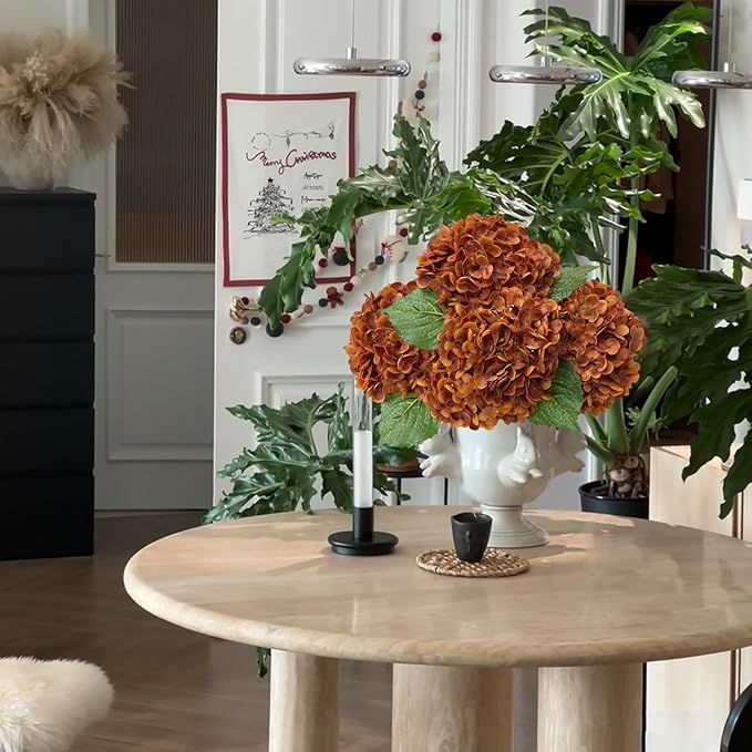 YalzoneMet 4 Pcs Orange Brown Hydrangea Artificial Flowers 21‘’ Real Touch Latex Hydrangea Fake Flowers for Fall Home Decor Party Kitchen Bedroom Bronze Vintage Flower Table Centerpieces