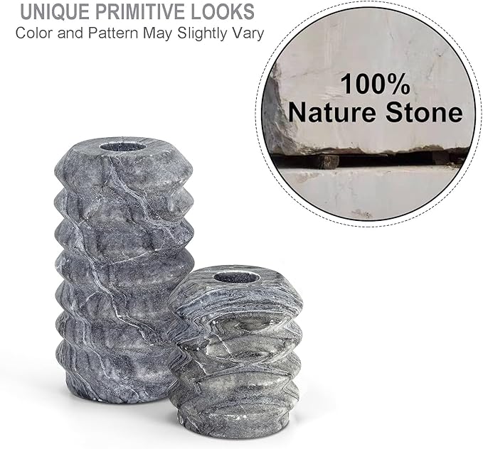 WORHE Candle Holders Italy True Natural Travertine Stone 0.4" Thick Set of 2 Marble Candlestick Holder for Christmas Wedding Dinning Party Candle Stand for 3/4 inch Candles Color Black (ZT001)