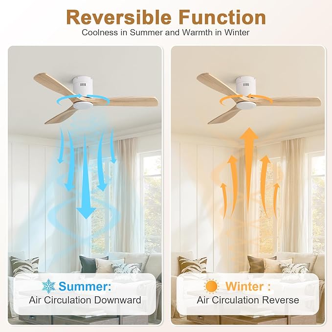 Sofucor 52 Inch Ceiling Fan No Light, Solid Wood Ceiling Fans Without Lights Remote Control, Reversible DC Motor, 6-Speed, Flush Mount Indoor/Outdoor Ceiling Fans for Patios, Bedroom and Farmhouse