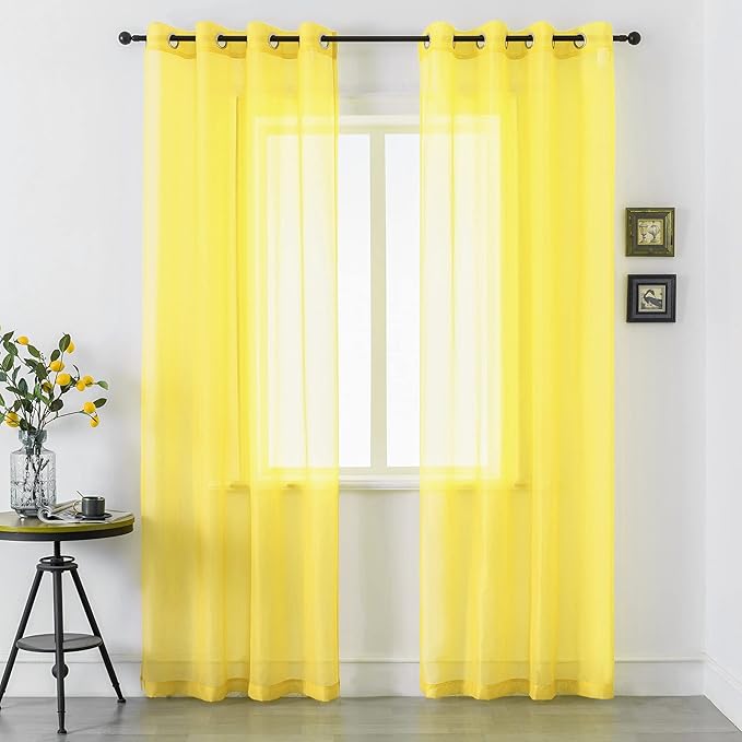DUALIFE 96 Inches Long Yellow Sheer Curtains 2 Panels Grommet Curtain Panel Voile Drapes Semi Sheer Curtains for Living Room Set Bedroom Solid Bright Yellow Color 52 x 96 Inch Length