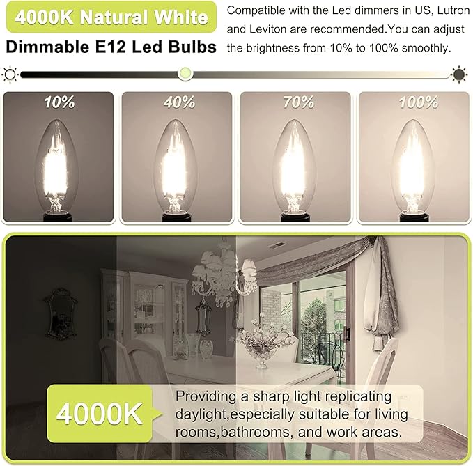 Honesorn E12 Led Bulbs, 4W(60W Equivalent Candelabra Led Light Bulbs, 4000K Natural White Chandelier Light Bulbs, 600LM Clear Glass C35 Light Bulbs with Filament, Dimmable Candle Light Bulbs Pack of 6
