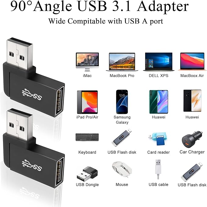 QIANRENON 90°Angle USB 3.1 Adapter 10Gbps USB 3.1 Male to Female Right Angle Connector USB A 3.1 L-Angle Converter Coupler, Support Data Transfer OTG 3A Charging, 2Pcs(Right Angle Side Bend)