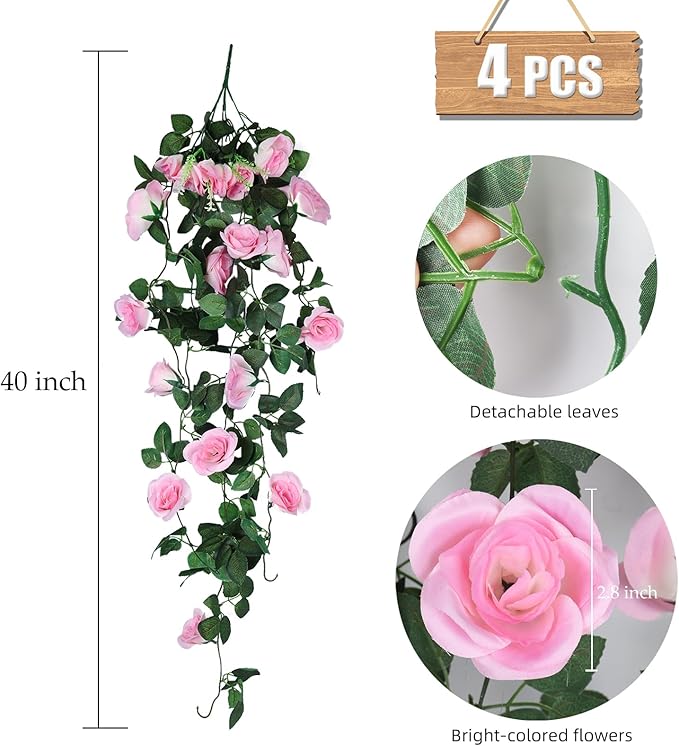 RECUTMS 4PCS Artificial Rose Vine Hanging Plants Fake Flower Outdoor Flowers UV Resistant for Indoor Outside Garden Porch Window Box Home Wedding Farmhouse (Pink)