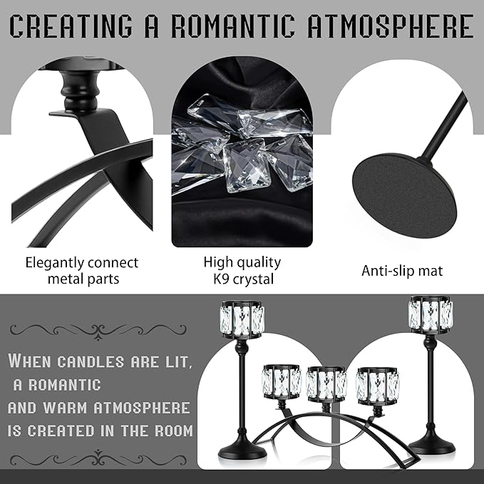 Black Set of 3 Crystal Candle Holders Arched - Elegant Tabletop Candelabra Centerpiece for Weddings, Dining Room Decor, Modern Home & Cabinet Display Housewarming