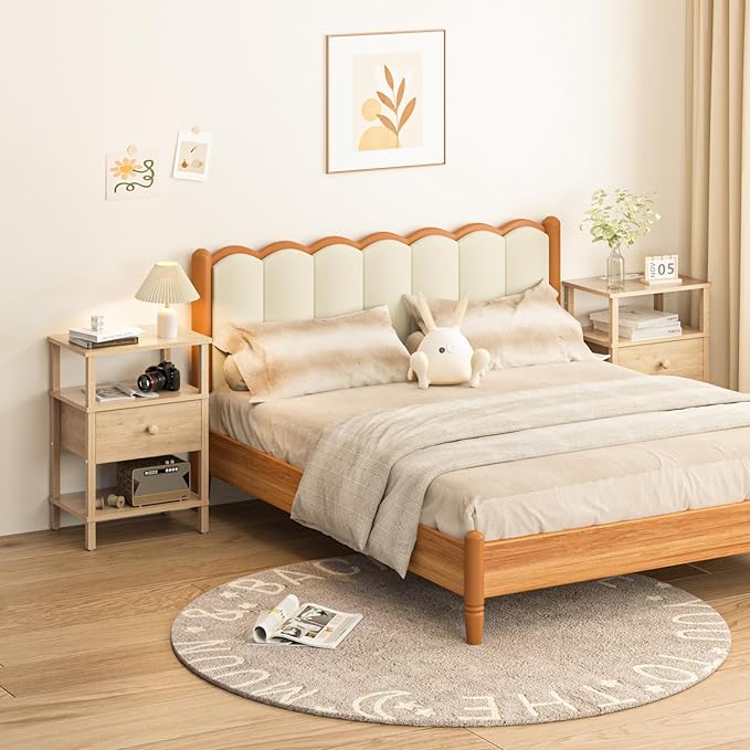 Lerliuo Nightstand with Charging Station and USB Ports, 3-Tier Storage End Table with Drawer Shelf, Night Stand for Small Spaces, Wood Bedside Table for Living Room, Bedroom - Natural Wood