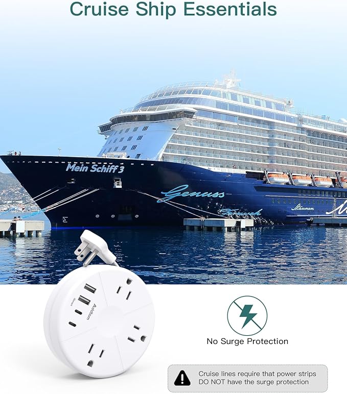 Addtam Travel Esstentials - Cruise Approved Power Strip with 5ft Retractable Cord, Ultra Thin Flat Plug, 3 Outlets 4 USB (2 USB C), Non Surge Protector for Travel/Cruise/Home/Dorm/Office, ETL Listed
