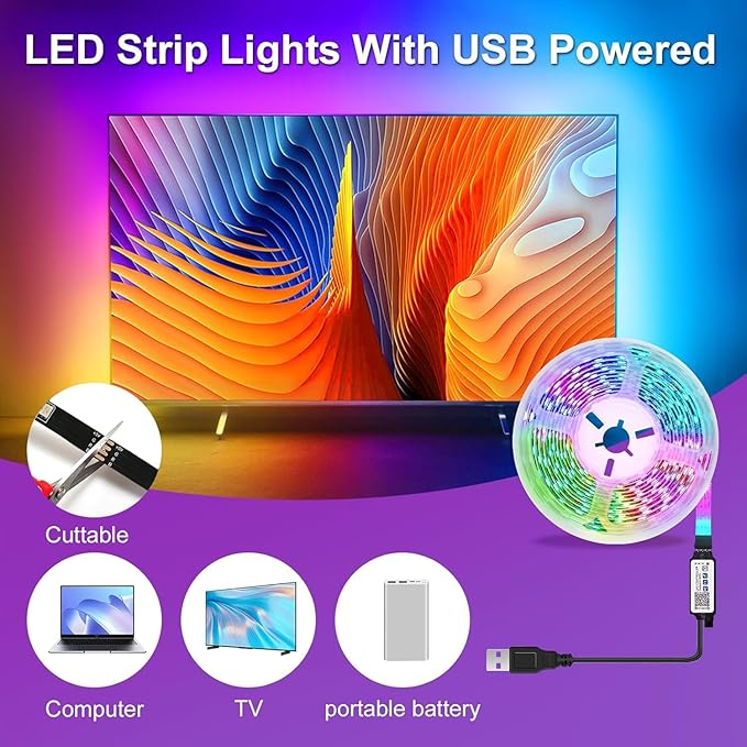 TV LED Strip, 3.28ft Smart RGB LED Lights for 24-32 Inch TVs, Music Sync Bluetooth App & Remote Control, USB-Powered for Gaming, Bedroom, PC, Home Theater