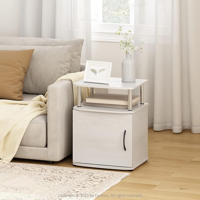 Furinno Jaya End Side Sofa Table/Nightstand with Door, 2-Pack, White Oak/Stainless Steel Tubes