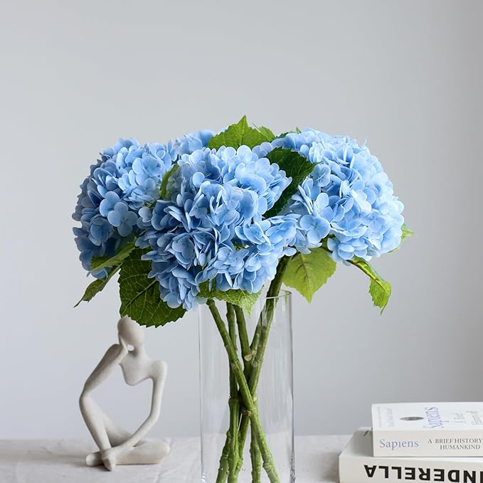 4pcs 21" Faux Blue Hydrangeas Artificial Flowers, Real Touch Silk Hydrangea Flowers with Stems for Bridal Wedding Bouquet Party Home Decor