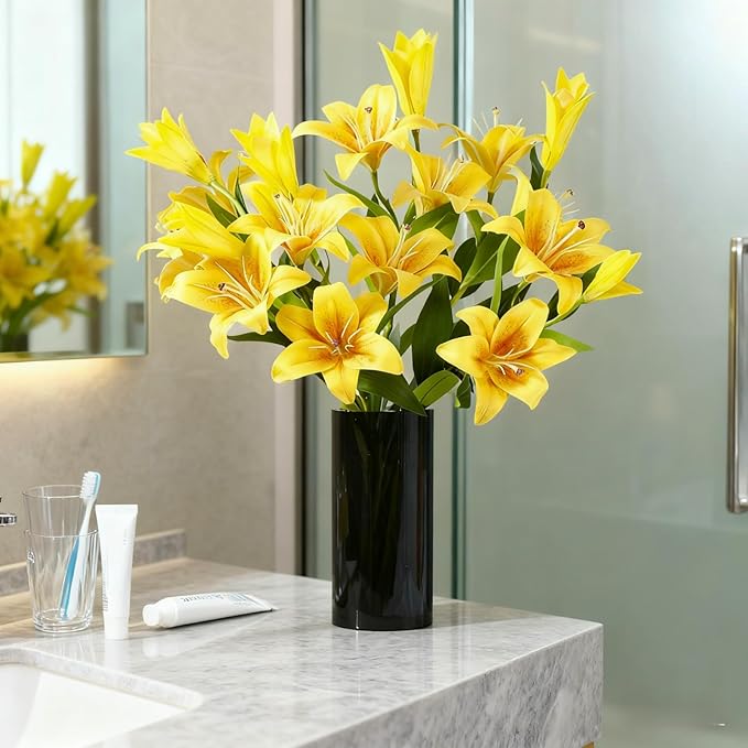 ASTRYAS 18 Heads Artifical Lilies Flowers, Yellow Fake Lily with 9 Heads Full Bloom Lily & 3 Buds-Faux Lilies Bouquets for Home Hotel Flower Arrangement Party Decoration(2, Bright Yellow)