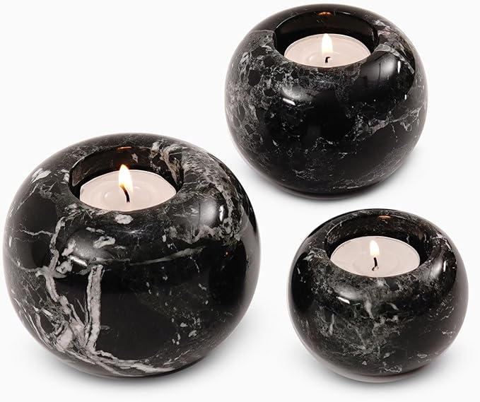 Radicaln Marble Tealight Candle Holder 4" Inches Black Handmade Set of 3 Mini Votive Holders for Romantic Wedding Table Setting, Ideal Bathroom, Bedroom & Kitchen Table Candle Accent