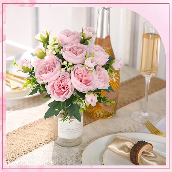 Geosar 2 Bundles Artificial Peonies Flowers Fake Silk Peony Bouquet Faux Peonies Flowers Bulk for Decoration Vase Floral Arrangements Wedding Party Table (Pink)