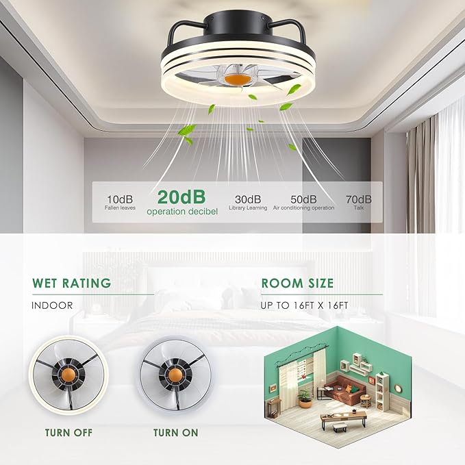 Ceiling Fans with Lights and Remote - Flush Mount Low Profile Ceiling Fans - 13” Bladeless Enclosed Ceiling Fans with Led Light and Stepless Dimming, Small Modern Ceiling Fan for Bedroom