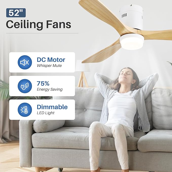 Sofucor 52 Inch Ceiling Fans with Lights, Solid Wood Ceiling Fan with Light Remote Control, Flush Mount Indoor/Outdoor Ceiling Fans, Reversible DC Motor, 3 Blade Ceiling Fan Light for Bedroom Patio