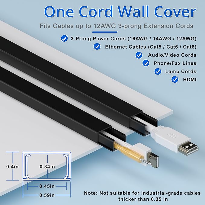 Cord Hider Wall for One Cord 68in (4X L17in), ZhiYo Cord Covers for Wires on Wall, Easy Install Cable Cover Wall, Black Cable Raceway Hide Cords, Cable Hider Cord Management Wall, W0.6in H0.4in