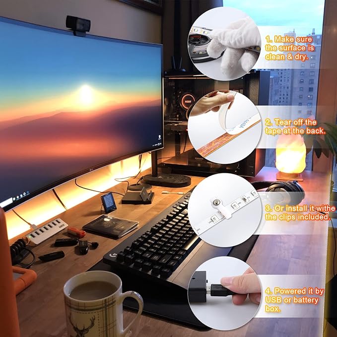 16.4FT Warm White LED Strip Light with USB Plug + Battery Box Operated, 3000K Soft White Ribbon Strip, Adhesive 300LEDs Flexible Strip Tape for Kitchen Bedroom Under Cabinet TV Computer