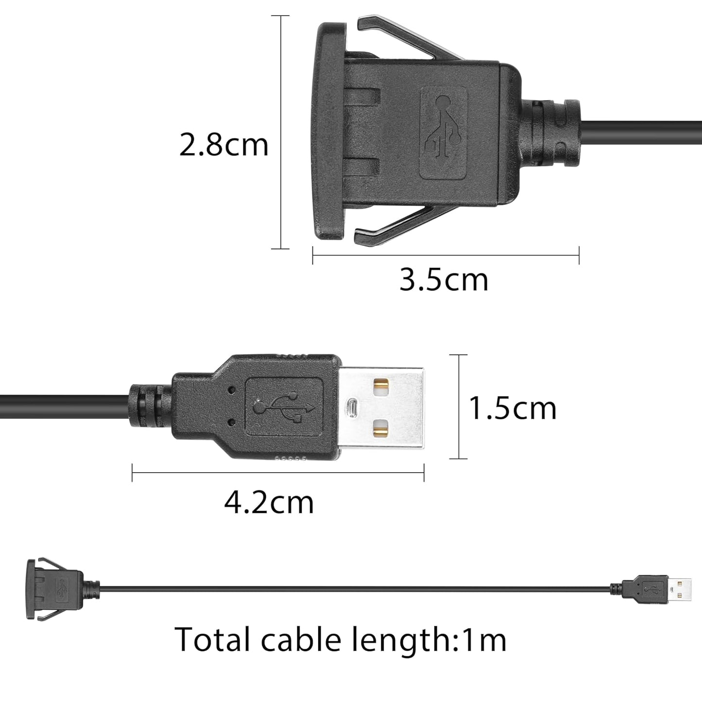 YACSEJAO USB Square Flush Mount Cable, USB 2.0 Single Port Dashboard Panel Extension for Car, 1m