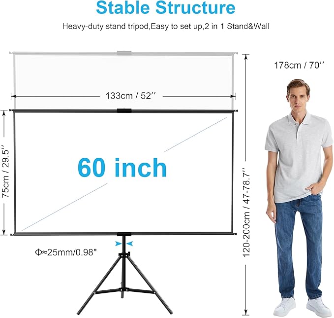 60 Inch Portable Projector Screen with Tripod Stand, Compact Mobile Projection Screen for Small Spaces, Height Adjustable and Wrinkle-Free for Indoor Outdoor Camping and Office Use