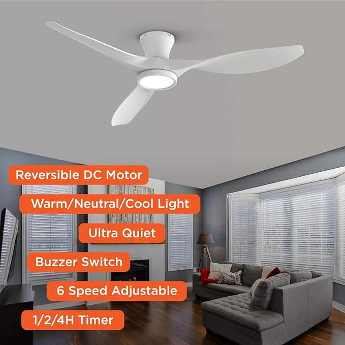 TALOYA 52 inch Ceiling Fans with Lights Remote Control, Modern Low Profile Ceiling Fan with Quiet Reversible DC Motor for Bedroom Living Room and Patio White