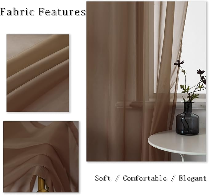 DUALIFE Dark Brown Sheer Curtains Voile Panels Drapes Grommet Curtain Sheers for Living Room 45 inch Length Transparent Bedroom Light Filtering Window Treatments 2 Panels 52x45 Chocolate Brown