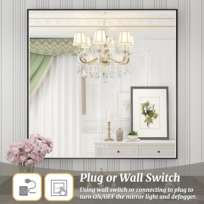 36x36 Inch LED Bathroom Mirror, Black Metal Framed Lighted Mirror for Bathroom, Wall Mouted LED Vanity Mirror with Lights, 3 Colors and Stepless Dimmable, Anti-Fog, Memory