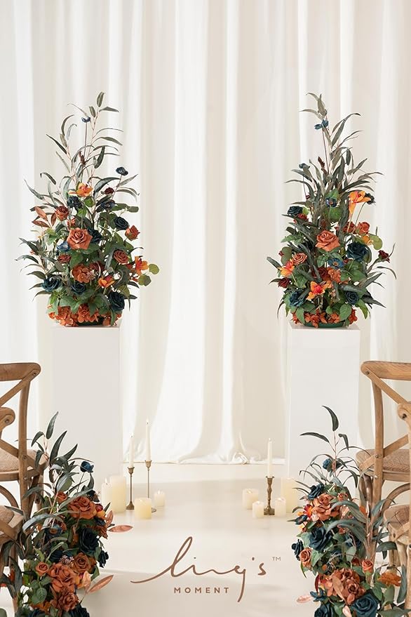 Ling's Moment 41" Tall Fall Free Standing Artificial Flowers Arrangements 2 pcs Wedding Arch Altar Stage Decorations Teal Burnt Orange For Ceremony Reception Church Backdrop Outdoor Aisle Floral Party
