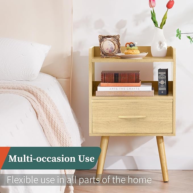 Yoobure Modern Nightstand with Fabric Drawer, Bedside Tables, Mid Century Nightstand with Open Storage Shelf, Wood Bedside Table, Small Night Stands for Bedrooms, 2-Tier Night Table