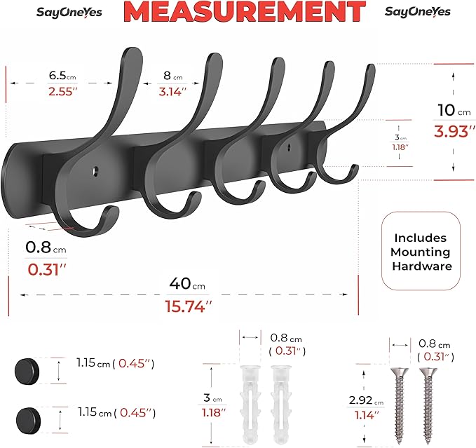 Black Coat Rack Wall Mounted - 16 Inch Heavy Duty Stainless Steel Matte Finish Wall Hook Rack - 5 Double Coat Hooks for Hanging Towels, Bags, Hat - Bathroom Entryway - 2 Pack