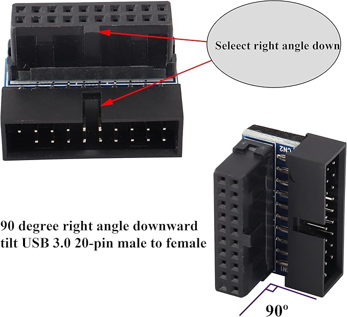 2 Pack Down Right Angle USB 3.0 19-pin Connector 90 Degree 19Pin/20Pin 3.0 USB Female to Male Extension Power Adapter Board for Desktop Motherboard Internal Header Adapter(Down/Black-20Pin)