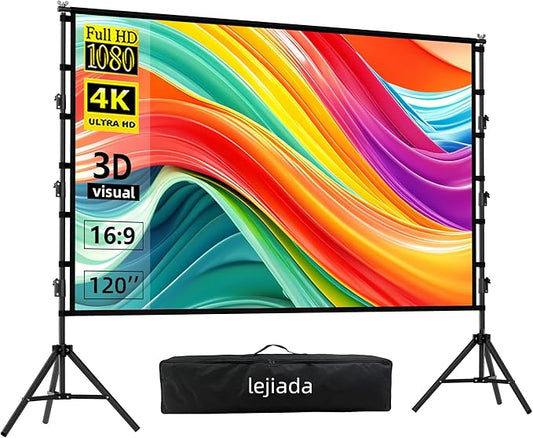 120 Inch Projector Screen with Stand, 4K HD 16:9 Movie Screen for Backyard, Outdoor Movie Nights and Business Presentations, Portable Foldable Anti-Crease Screen with Carry Bag