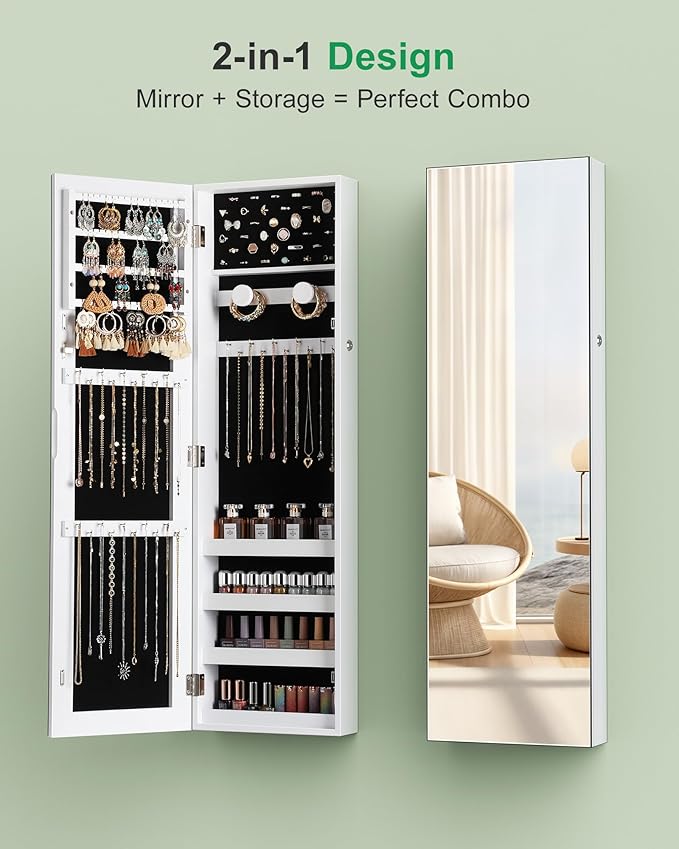 Nicetree Mirror Jewelry Cabinet, Jewelry Armoire with Full Length Mirror,Mirror with Jewelry Storage Wall/Door Mounted, Lockable Jewelry Armoire Organizer,White