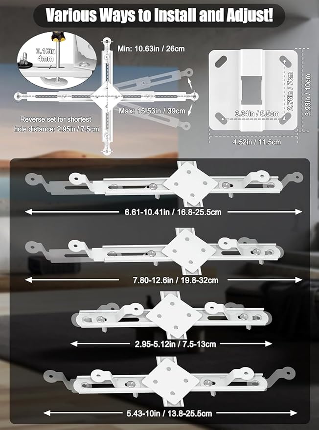 2-Be-Best Projector Ceiling Mount Wide Pipe Universal 3-in-1 Projector Wall Mount Bracket with Adjustable Arm, Flush Mount Option, Built-in Cable Management for Office Home White