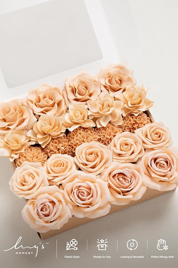 Ling's Moment Artificial Flowers Fake Silk Roses Faux Dahlia Foam Gardenia Combo for DIY Wedding Bouquets Centerpieces Arrangements Bridal Shower Party Home Decorations, Apricot & Peach, 24pcs