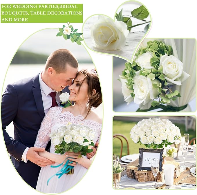 Hananona Artificial Roses in Bulk, Fake Velvet Silk Roses Realistic Rose for Wedding Centerpieces Flower Arrangement Home Decor (50, White)