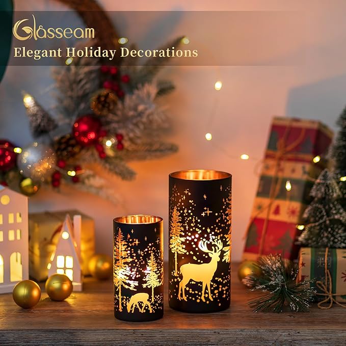 Glasseam Christmas Hurricane Candle Holder: 2 Pcs Black Candle Holders for Pillar Candles Cylinder Mercury Glass Candle Holder Reindeer Candle Holders for Table Centerpiece Thanksgiving Decorations