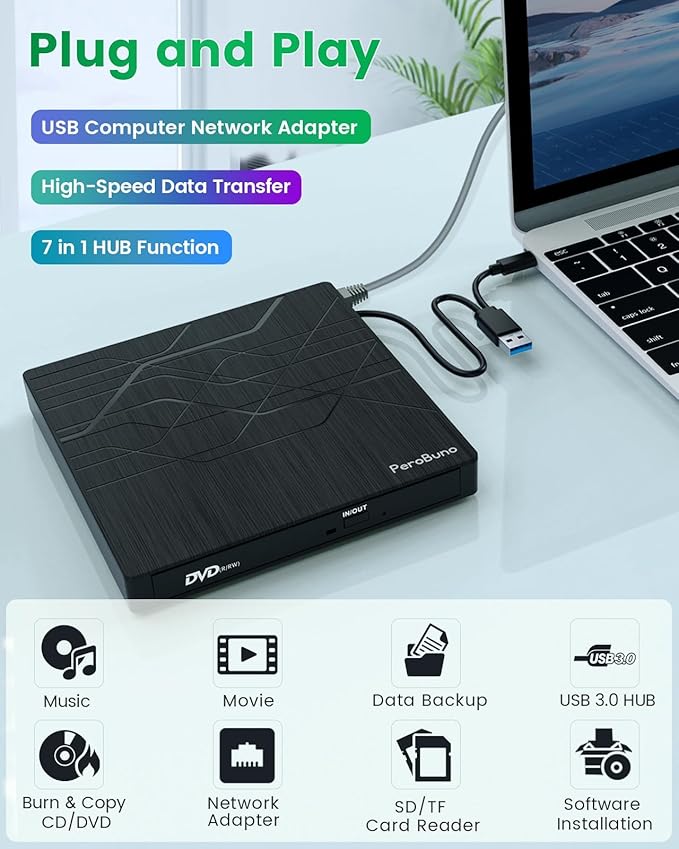 Super External CD DVD Drive, USB 3.0 DVD Burner with Ethernet Adapter, 3 USB and 2 TF/SD Card Ports, CD DVD Player Reader Writer Optical Disk Drive for Laptop MacBook PC Windows 11/10/8/7 Linux Mac OS