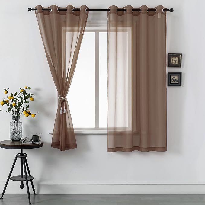 DUALIFE 2 Piece Semi Chocoalate Brown Sheer Curtains 63 inches Long Voile Panels Light Filtering Drapes Grommet Curtain Sheers for Living Room Transparent Bedroom 52x63 Inch Dark Brown