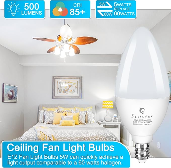 Sailstar Candelabra Light Bulbs 60 Watt Equivalent, 5000K Daylight, 5W E12 Small Base Type B LED Bulbs, 500 Lumens, Chandelier Ceiling Fan Light Bulbs, CRI 85, Non-dimmable, Pack of 10