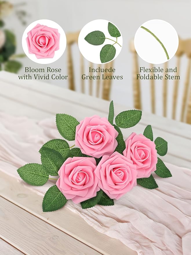 MACTING Artificial Flowers 30PCS Pink Fake Flowers with Stem Real Touch Soft Foam Roses Wedding Bouquet Table Centerpieces Party Bridal Shower Birthday Home Spring Summer Decor