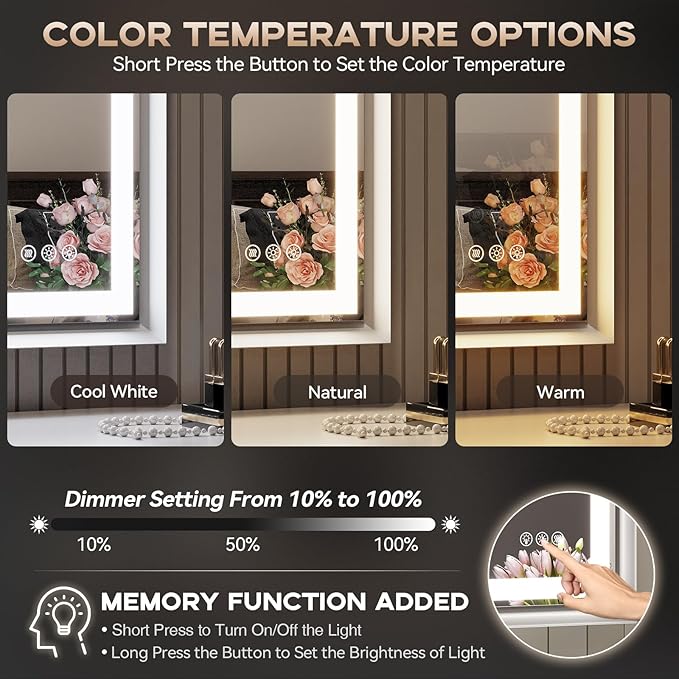 LED Bathroom Mirror, 28“x36“ Lighted Bathroom Mirror with Metal Framed, Extremely Bright LED Mirror for Bathroom, 3 Colors Dimmable, Anti-Fog, Memory, Wall Mounted Lighted Vanity Mirror