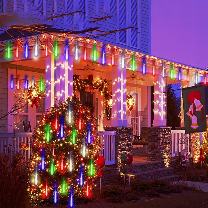 Kwaiffeo Multicolor Icicle Lights Outdoor, Waterproof 16-Tube Meteor Shower Lights for Christmas New Year Party Outside Decor, Equivalent to 2 Sets of 8-Tubes
