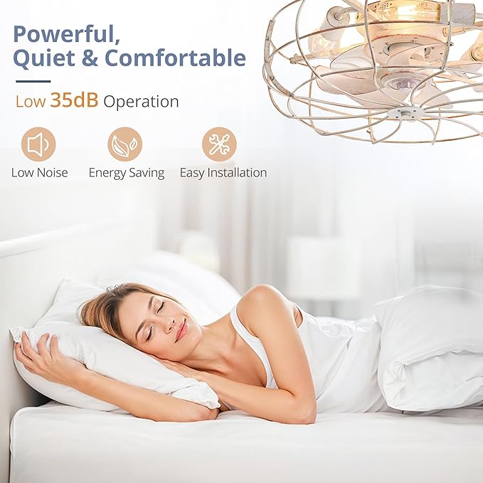 LEDIARY 20" Caged Ceiling Fans with Lights, White Flush Mount Low Profile Ceiling Fan with Remote, Small Modern Farmhouse Industrial Ceiling Fan with Light for Bedroom, Kitchen, Dining Room, Indoor