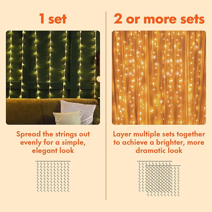 Twinkle Star 300 LED Window Curtain String Light Wedding Party Home Garden Bedroom Outdoor Indoor Wall Decorations, Warm White