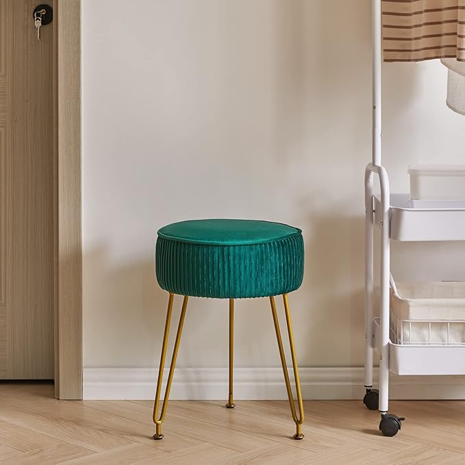 IBUYKE Velvet Round Footrest Stool Ottoman, Makeup Vanity Stool Side Table, Velvet Dressing Table Seat, Pouf Couch Stool, Golden Steel Legs, Green LG-30L