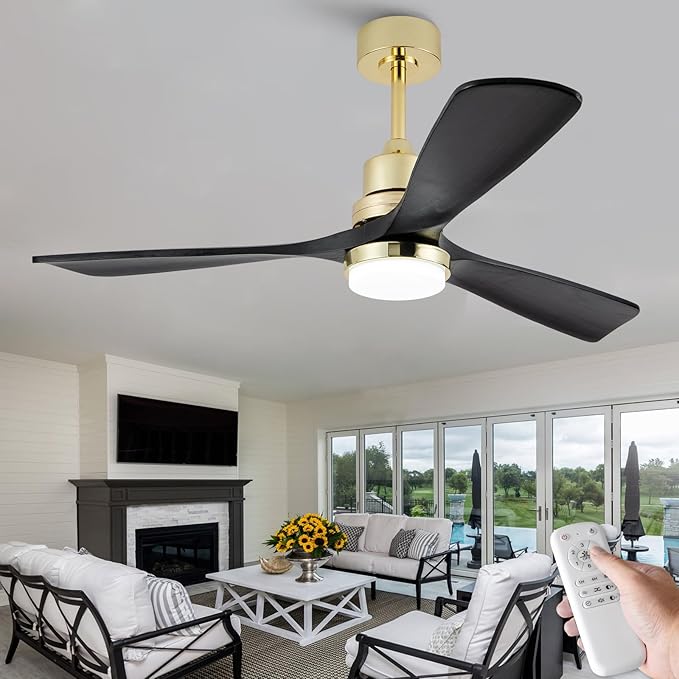 BOJUE 52 Inch Black and Gold Ceiling Fans with Lights and Remote, Solid Wood Fan Blades, Dimmable, Modern Ceiling Fan with Light for Indoor/Outdoor Patio Bedroom