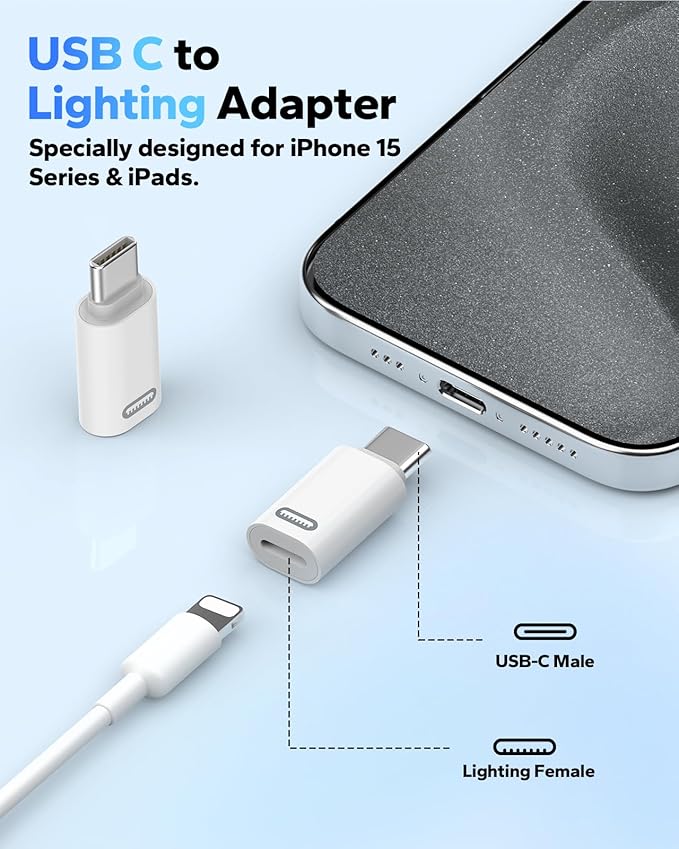 MoKo Lightning to USB C Adapter for iPhone 17 Air 16 15 Pro Max Plus, Galaxy S25 S24 S23, iPad Pro/Air, 4 Pack USB-C to Lightning Adapte for Fast Charging/Data Transfer, Not for Audio/OTG, White PD